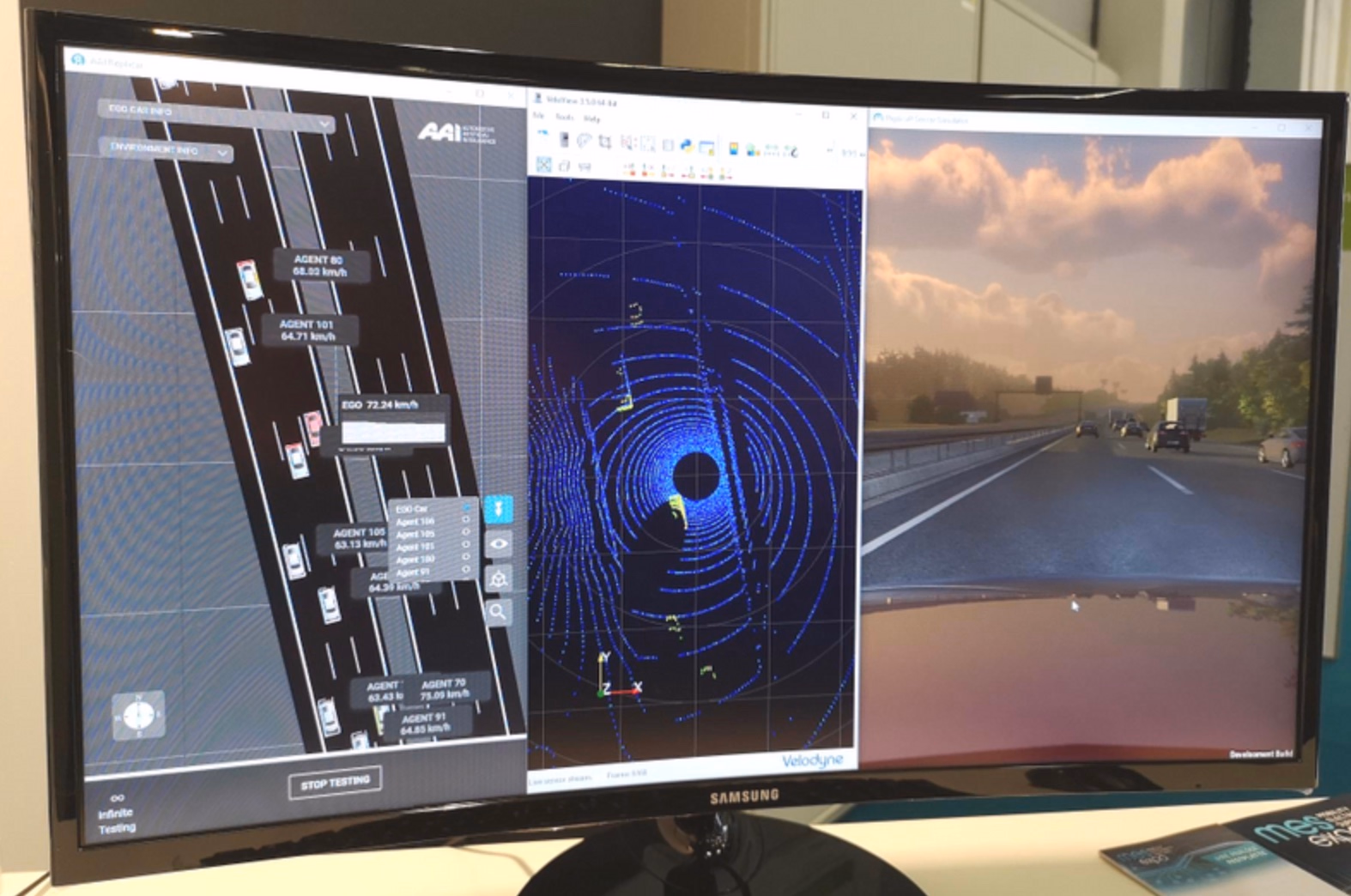Automotive-AI simulation testing environment with traffic, sensor data and road simulation across multiple monitors