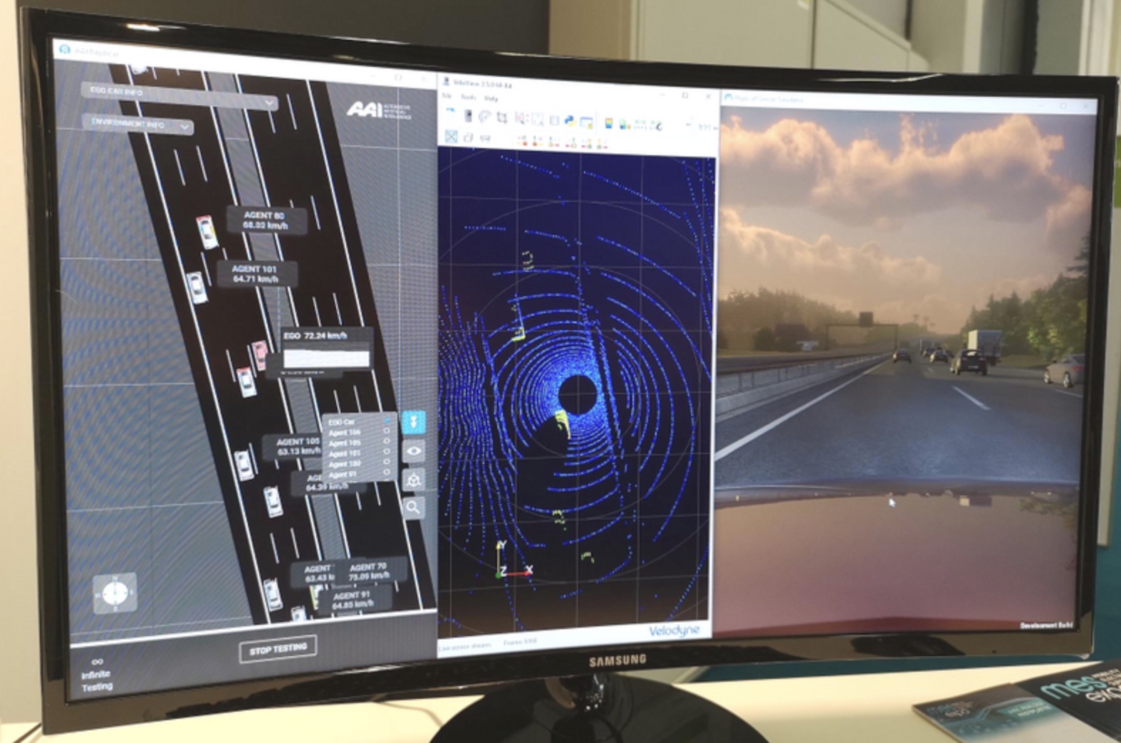 Automotive-AI simulation testing environment with traffic, sensor data and road simulation across multiple monitors