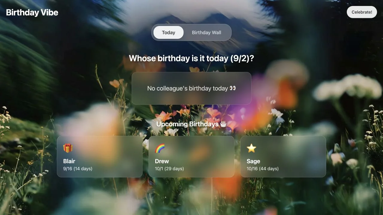 Birthday Vibe web tool showing today's birthday status and three upcoming birthdays