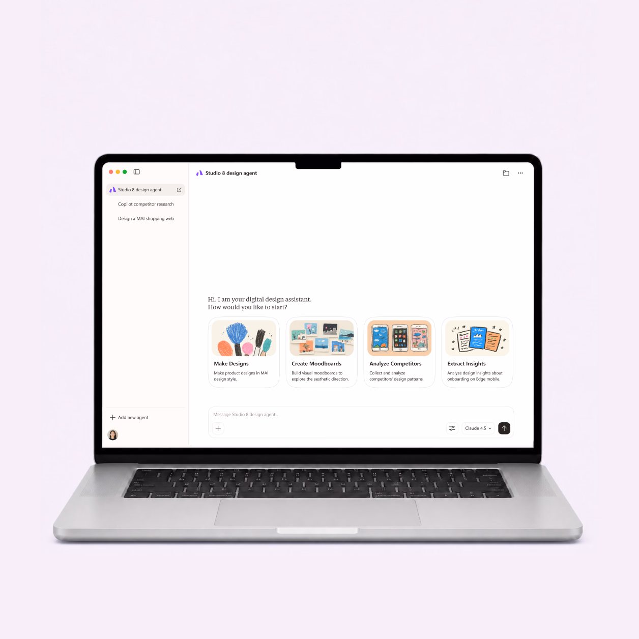 Design Studio Agent interface presented in a silver MacBook mockup