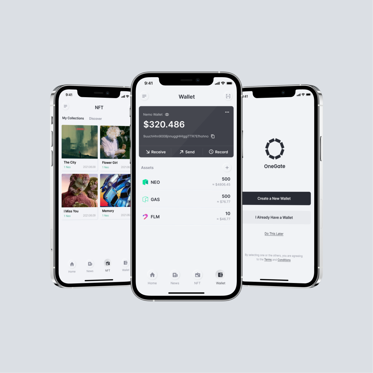 OneGate blockchain wallet app screens