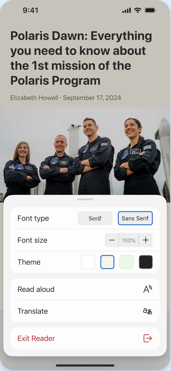 Reader controls for typography, themes, read aloud, and translation