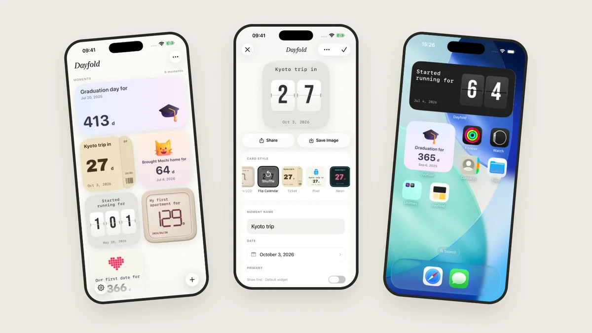 Dayfold moment collection, card editor, and Home Screen widgets on three iPhones